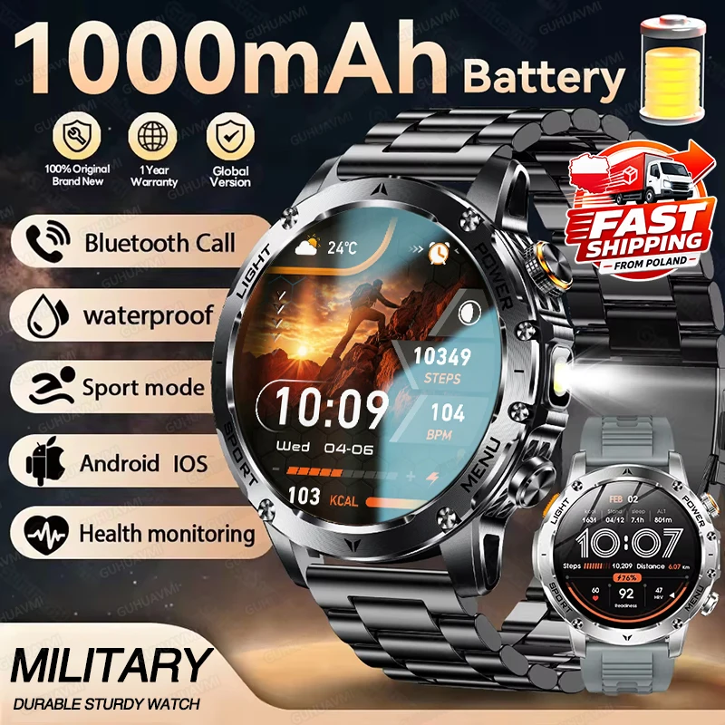 2026 New Men 1000mAh Battery Outdoor Smart Watch, 1.7'' HD Display, Bluetooth Call, IP68 Waterproof, Military Sports Bracelet, Heart Rate, Fitness Tracker, Watch for Android iOS