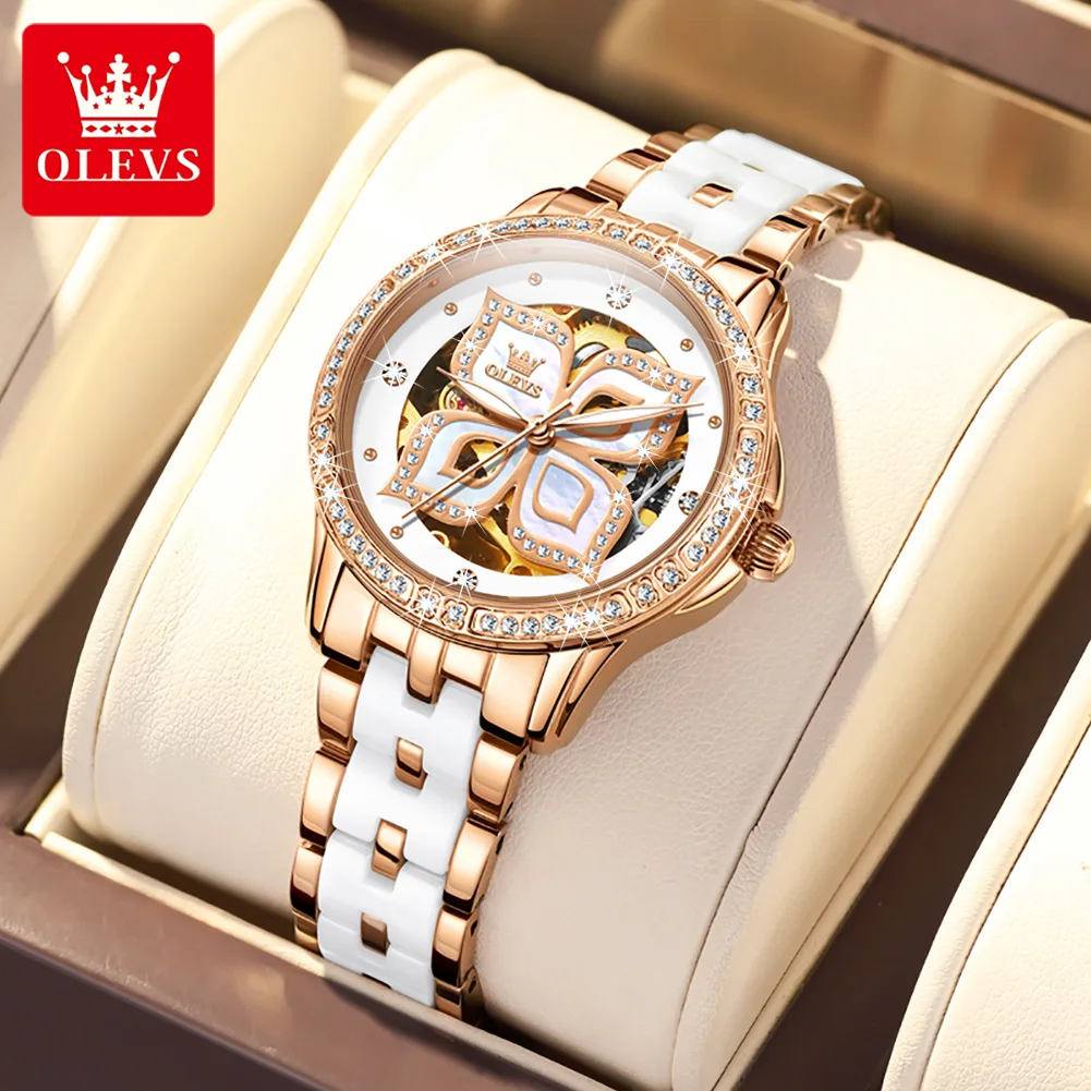 OLEVS Brand Luxury Diamond Mechanical Watch for Women Waterproof Luminous Fashion Skeleton Ceramics Watches Womens Montre Femme