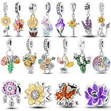 Silver Plated Tulip Sunflower Lucky Clover Flower Charms Fit Original Pandora Beads Pendent Dangle Bracelet DIY Women Jewelry
