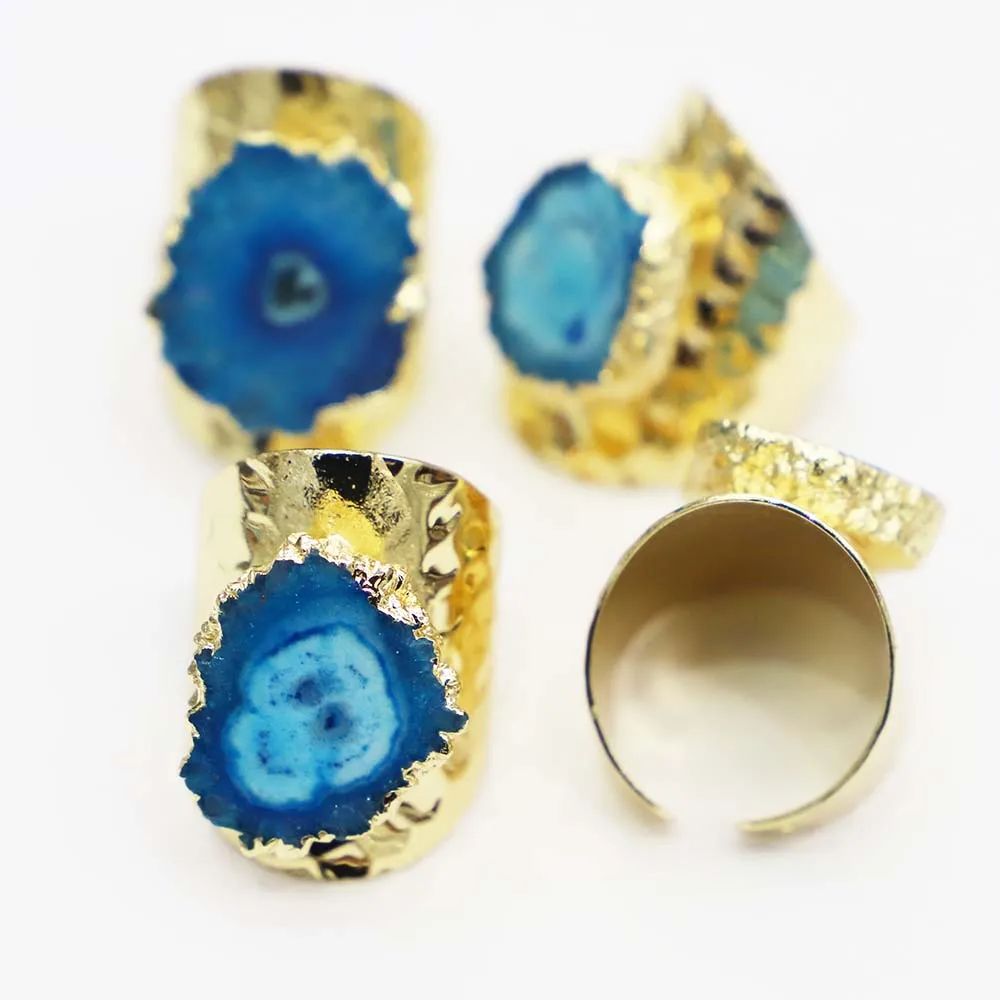 

Raw Stone Lake Blue Sunflower Agates Rings Druzy Quartz Adjustable Women Irregualr Gold Color Open Finger Jewelry Wholesale 4Pcs