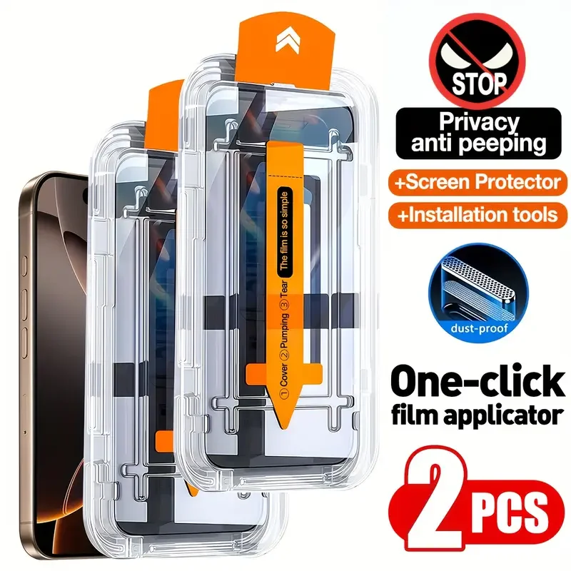 2Pcs Privacy Tempered Anti-Spy Screen For IPhone 16 15 14 13 12 11 17 Pro Max Plus Easy Tool Protector Glass_voghion.com