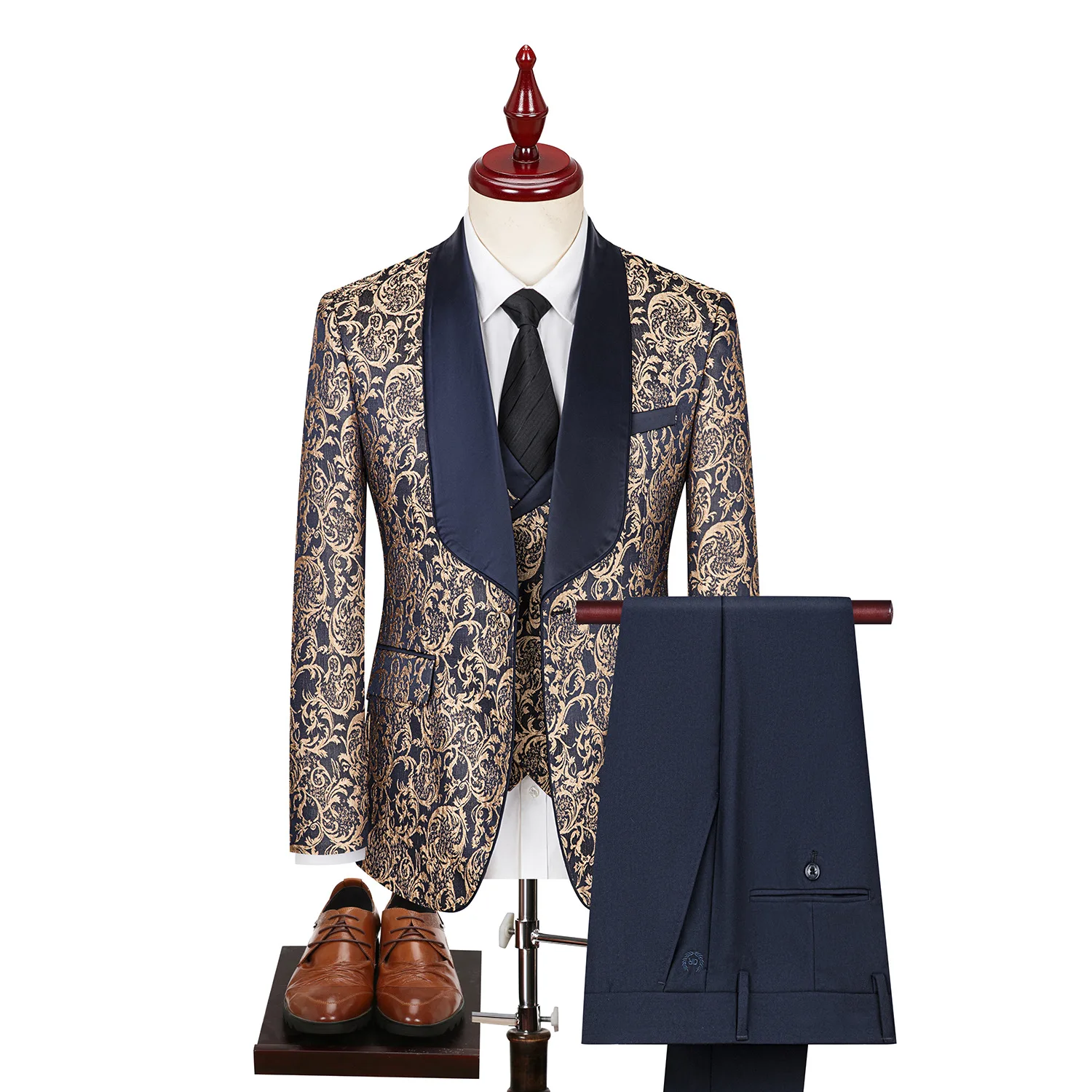 Embroidered Men Suit 3 Pieces Printed Striped With Lapel For Wedding Banquet Work Business Tuxedo Set Jacket Vest With Pants
