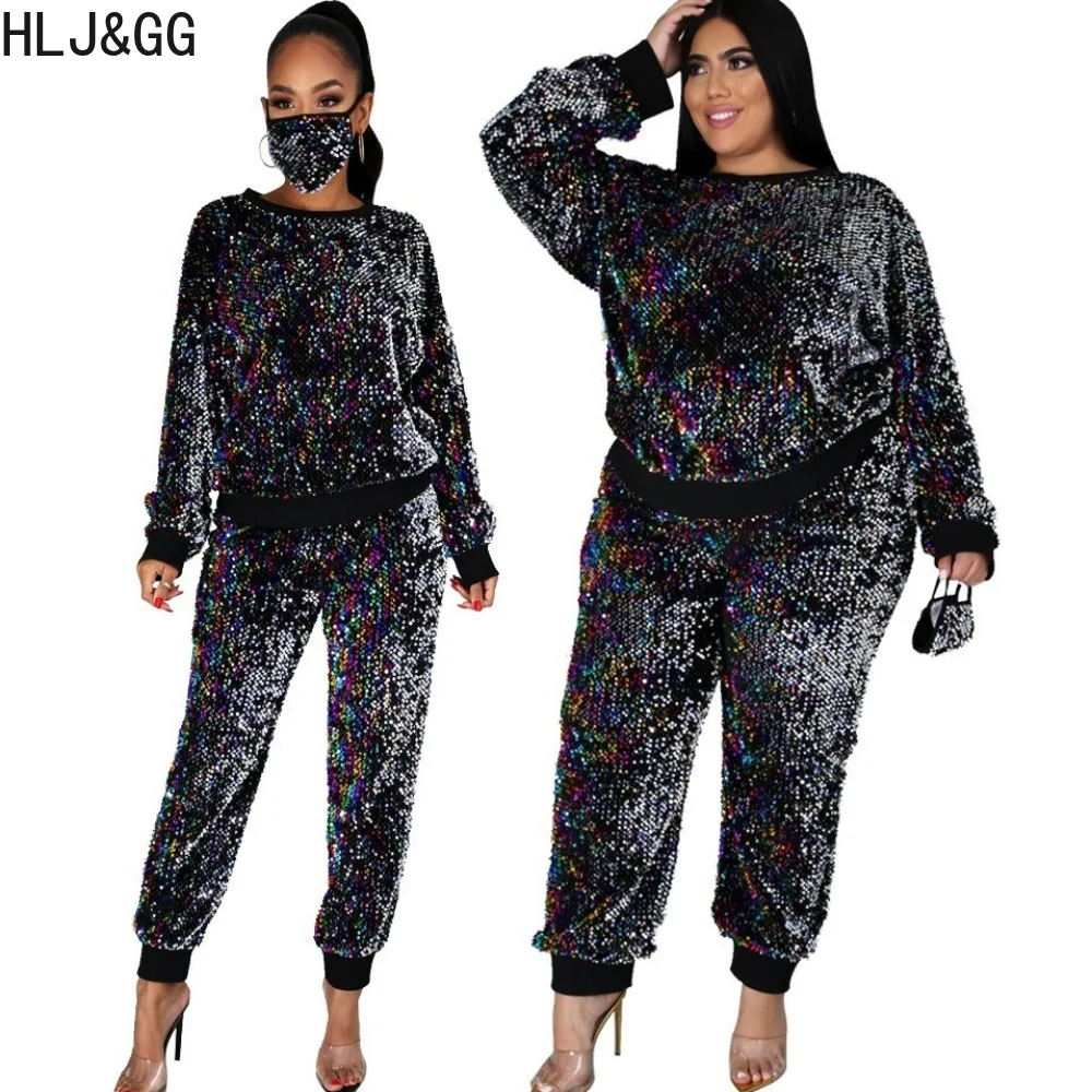 

HLJ&GG Fashion Sequin Jogger Pants Two Piece Sets Women Round Neck Long Sleeve Top And Pants Outfits Casual Clothing With Mask