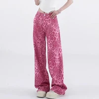 Chic Fashion Girls Leopard Print Jeans Lady Korean Casual High Waist Pants Female Pink Baggy Straight Leg Denim Trousers