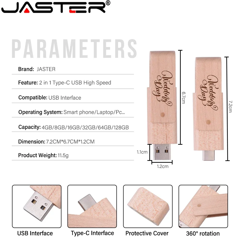 Disco u Capacidade Real 128gb Usb Tipo-c Caneta em 64gb 32gb 16gb Cartão de Memória Rotativo Madeira Maple 10 Pcs por Lote - Imagem 2