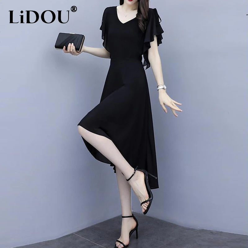 

Summer New Sexy Fashion Hollow Out Solid Color Irregular Dress Ladies Ruffles Short Sleeve Waist Vestidos Women Oversized Robe