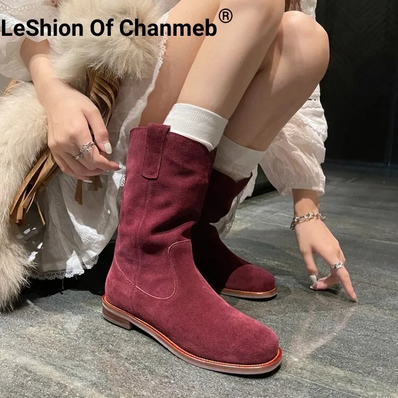 

LeShion Of Chanmeb Women Cow Suede Mid-Calf Boots Winter Big Calf Round Toe Cowboy Boots Lady Slip-ons Cowgirl Shoes 40 Burgundy