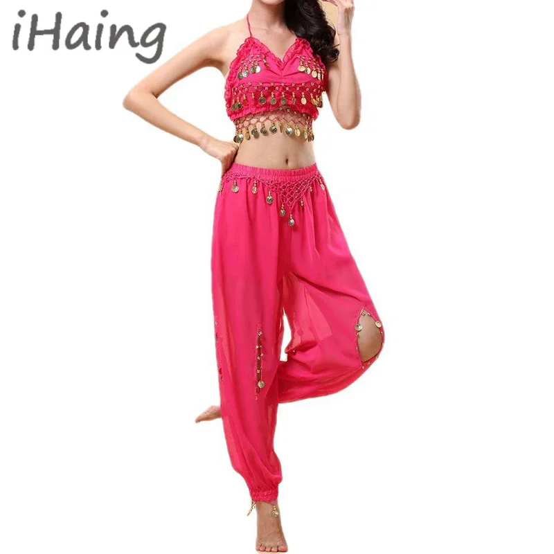 

Womens Sequin Belly Dance Costume Set Tops with Harem Trousers Crop Top Harem Pants Arabic Halloween Dance Outfit