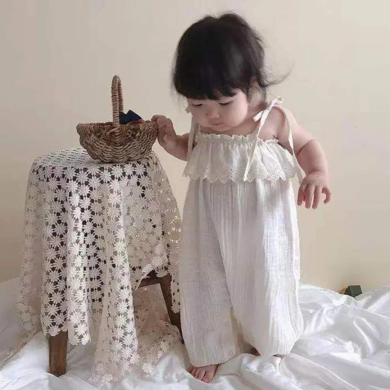 

2023 Summer New Baby Girl Sleeveless Sling Jumpsuit Clothes Solid Cute Princess Overalls Cotton Infant Girl Romper Baby Bodysuit