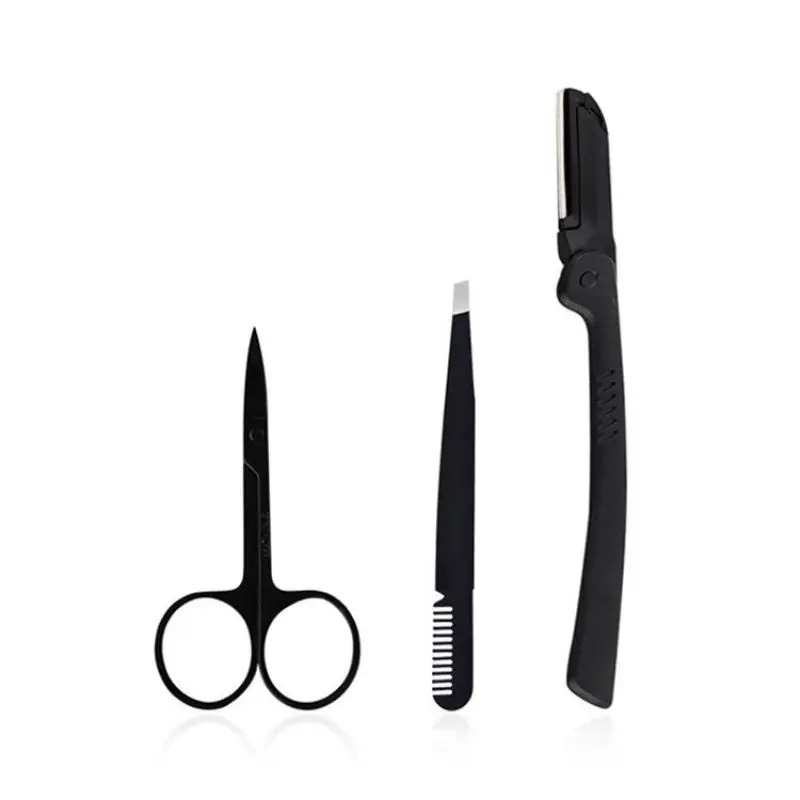 3 Pcs Eyebrow Tweezers Razor Scissors Professional Eyebrow Grooming Kit Stainless Steel Trimmer