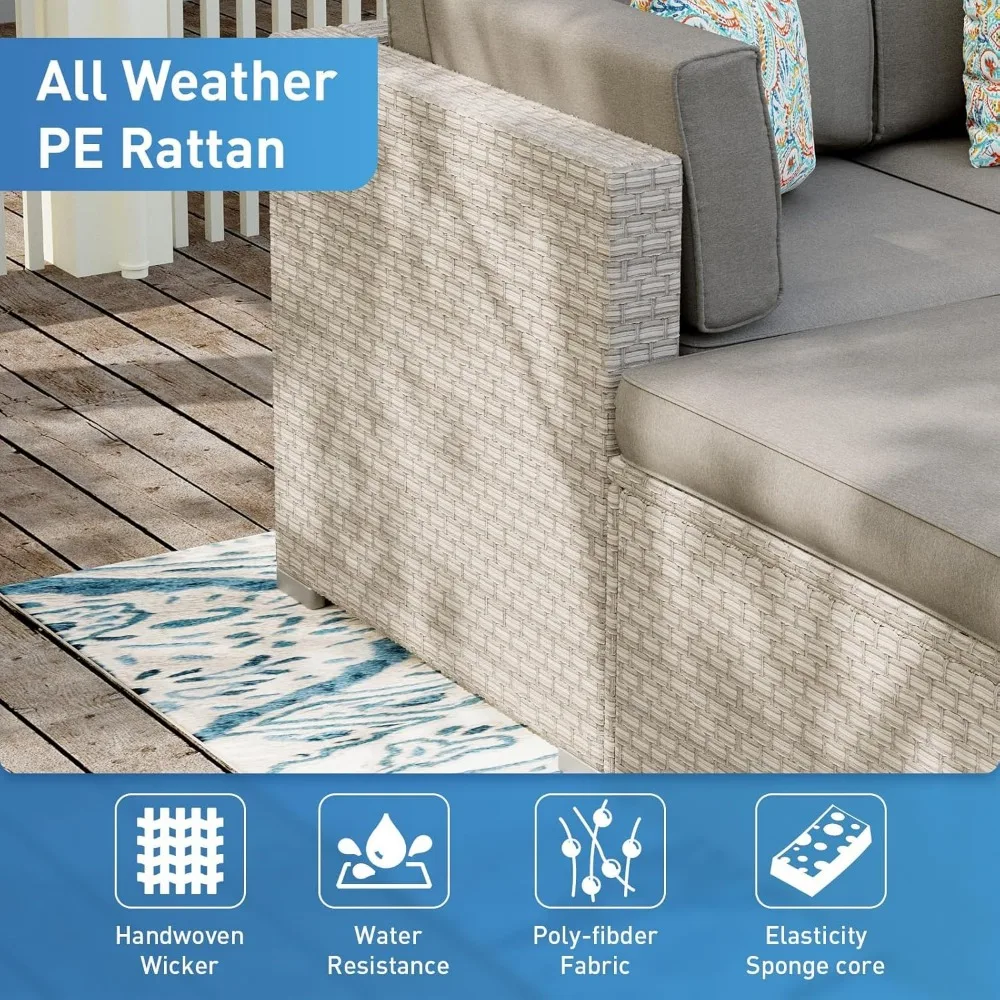 Outdoor Sectional 2-Piece Wicker Sofa in Pearl Gray, w 2 Stripe Pillows, Gray Cushions Elegant Patio Furniture Add-on Armless C 4