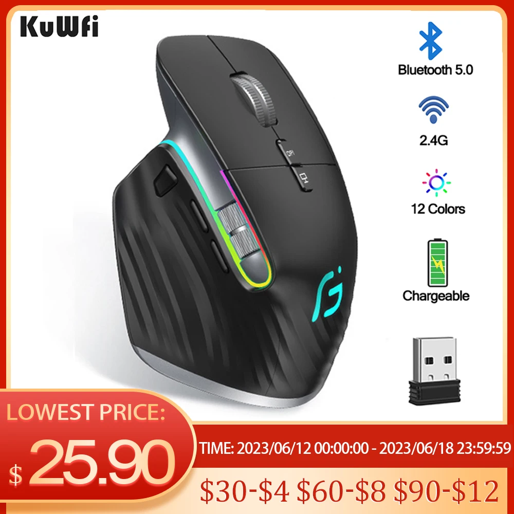 KuWFi Wireless Mouse Bluetooth5.0+2.4GHz Dual Mode USB Gaming Mouse