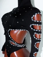 rhinestHollow Out Sexy Black Women Bodysuit pants Sets Long Sleeve Turtleneck Bodysuits Clubwear Costumes Stars Hot Singer Stage - Image 3