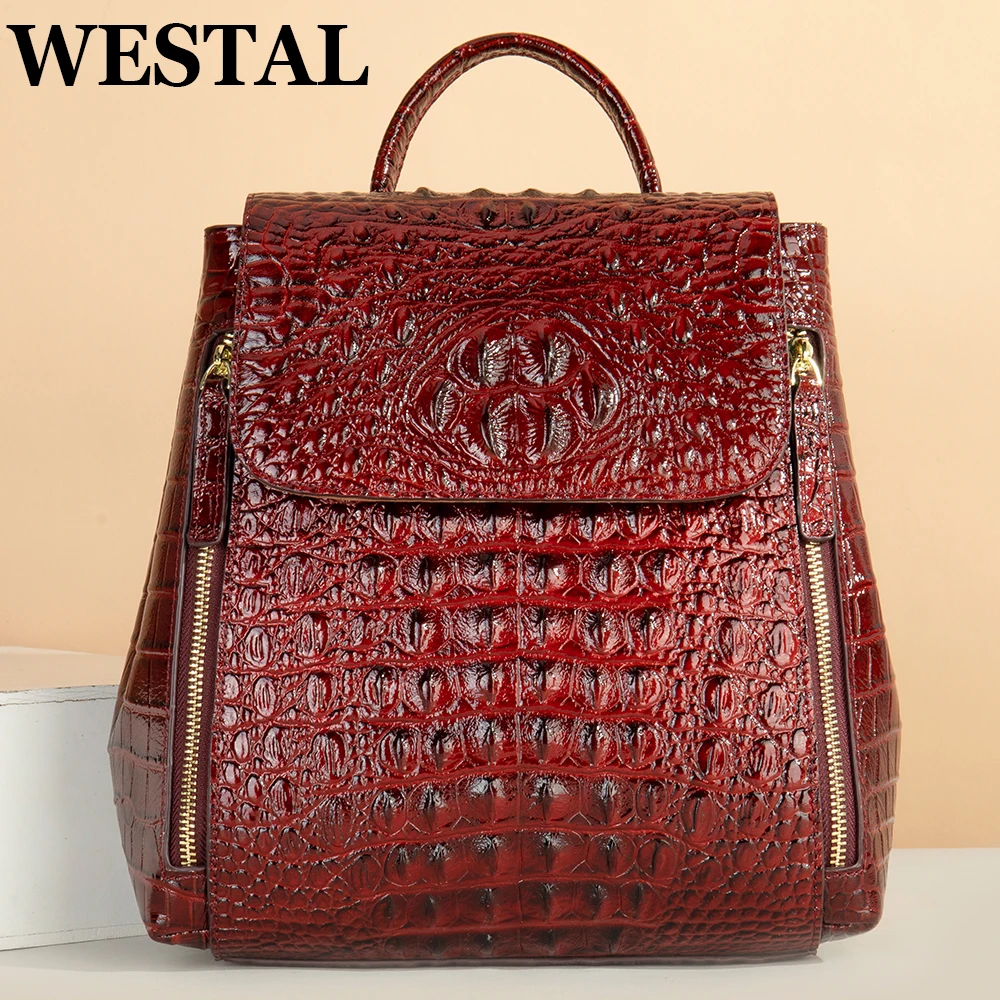 

WESTAL Real Leather Laptop Backpack Fashion Travel Bags Daypack for Women Crocodile Pattern School Backpack for Girls 7696