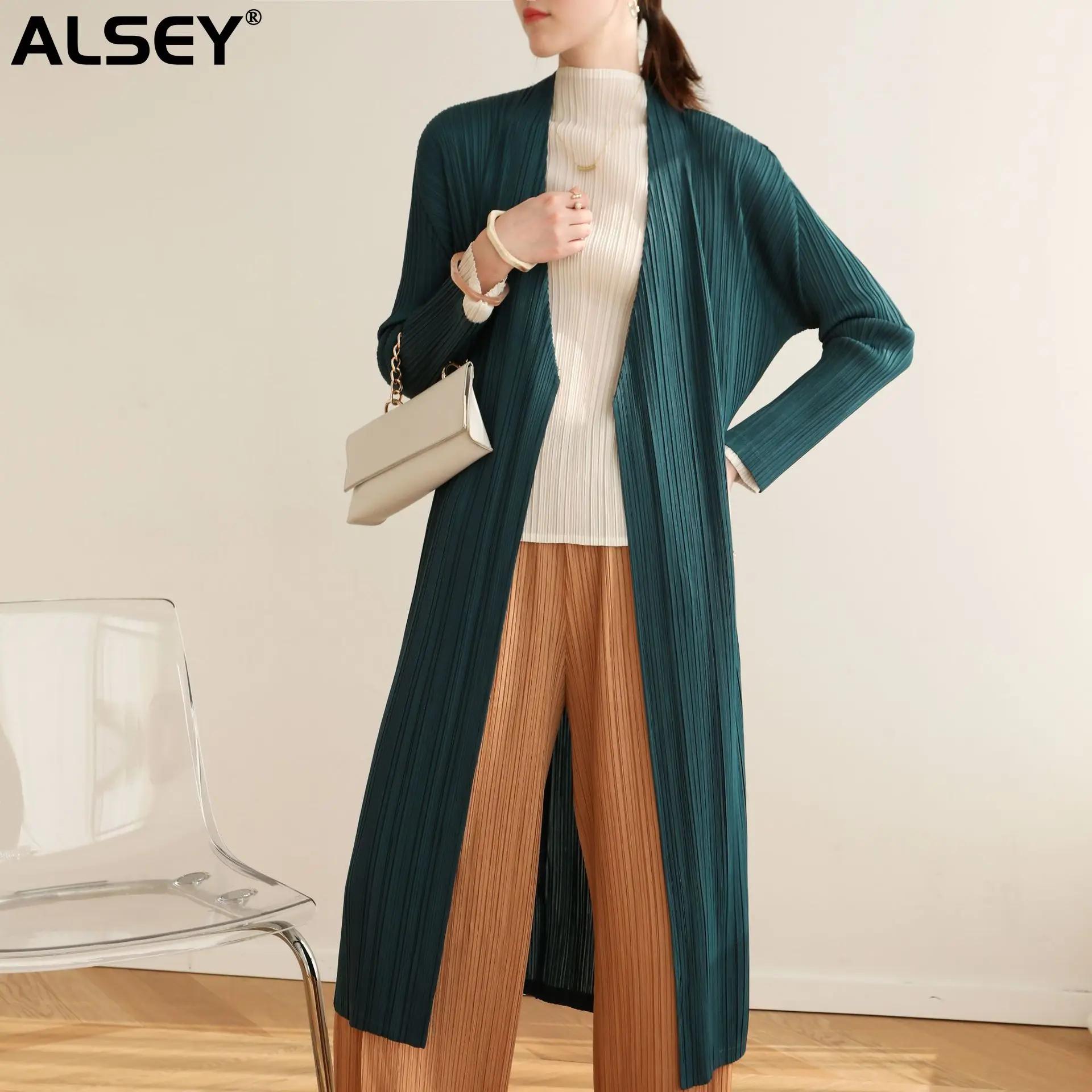 

ALSEY Miyake Pleated Slim Peplum Trench Coat for Women Fall Spring New High-end Fashion Thin Section Long Sleeve Fashion Jacket