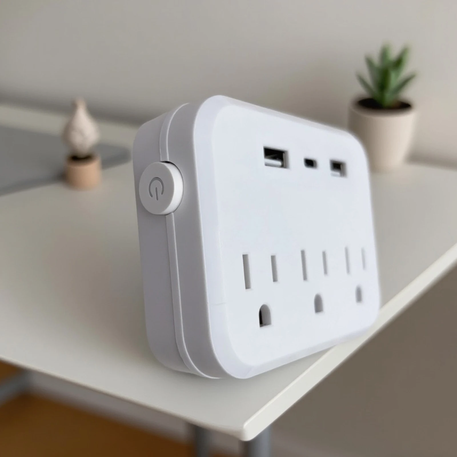 US Switch with surge protector Mini Portable Power socket 6-in-1 Multifunctional 3 sockets 2 USB ports 1 Type-C white