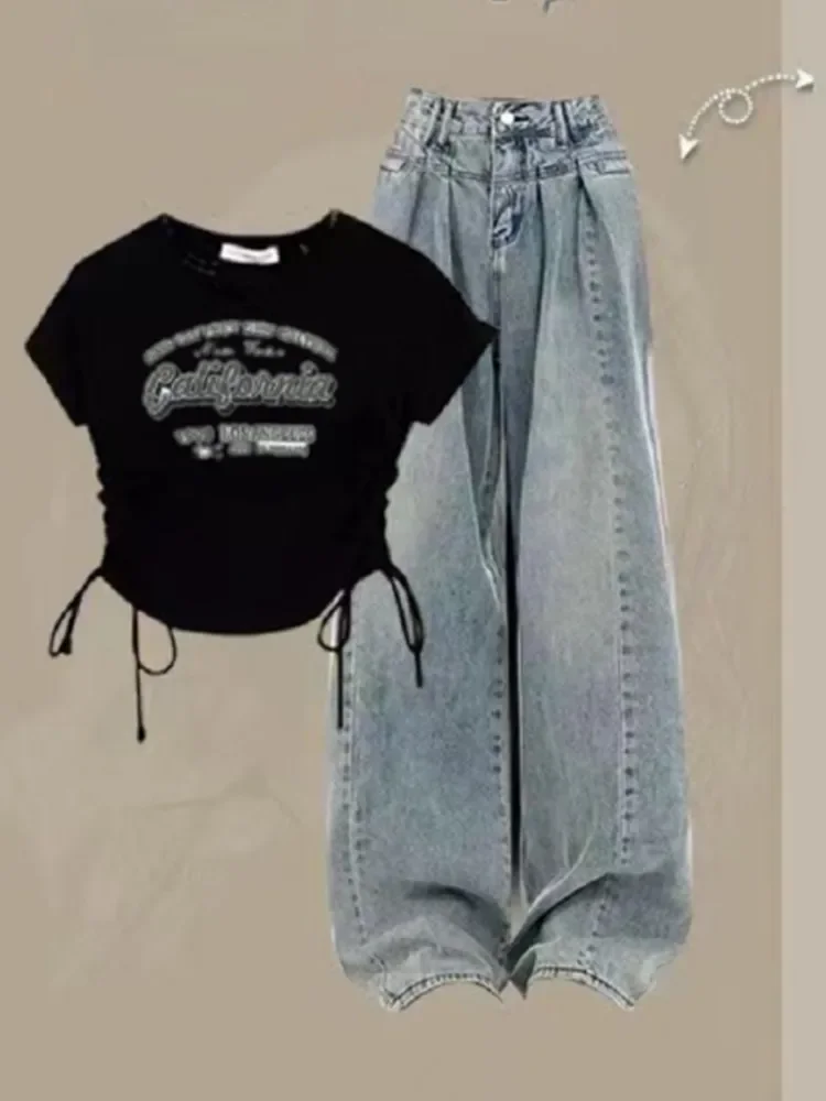 Korean Style New Summer Women's Drawstring Short Sleeved T-shirt Sweet Cool Set+high Waisted American Retro Jeans Two-piece Set