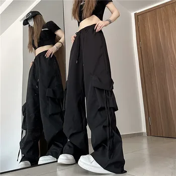 Women Y2K Cargo Pants High Waist Streetwear Hip Hop Trousers Female Big Pockets Casual Low Waist Drawstring Baggy Sweatpants 1