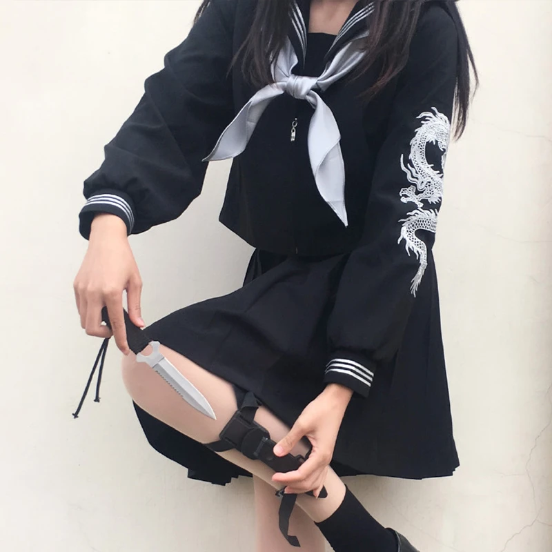 Japanse School Bad Meisje Stijl Uniform Plus Maat Jk Roze Draak Zwarte Matroos Basis Cartoon Matroos Uniform Sets Vrouwen Meisje Cos