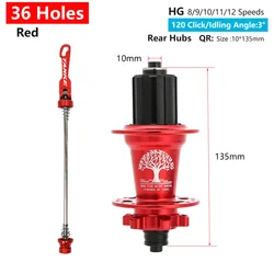 Enhanced Precision MTB Mountain Bike Hub - Seamless 6 Bearing Thru Design with Versatile Hole Options for Disc Brake Compatibility and Multi-Speed Performance (36H Red QR Rear)