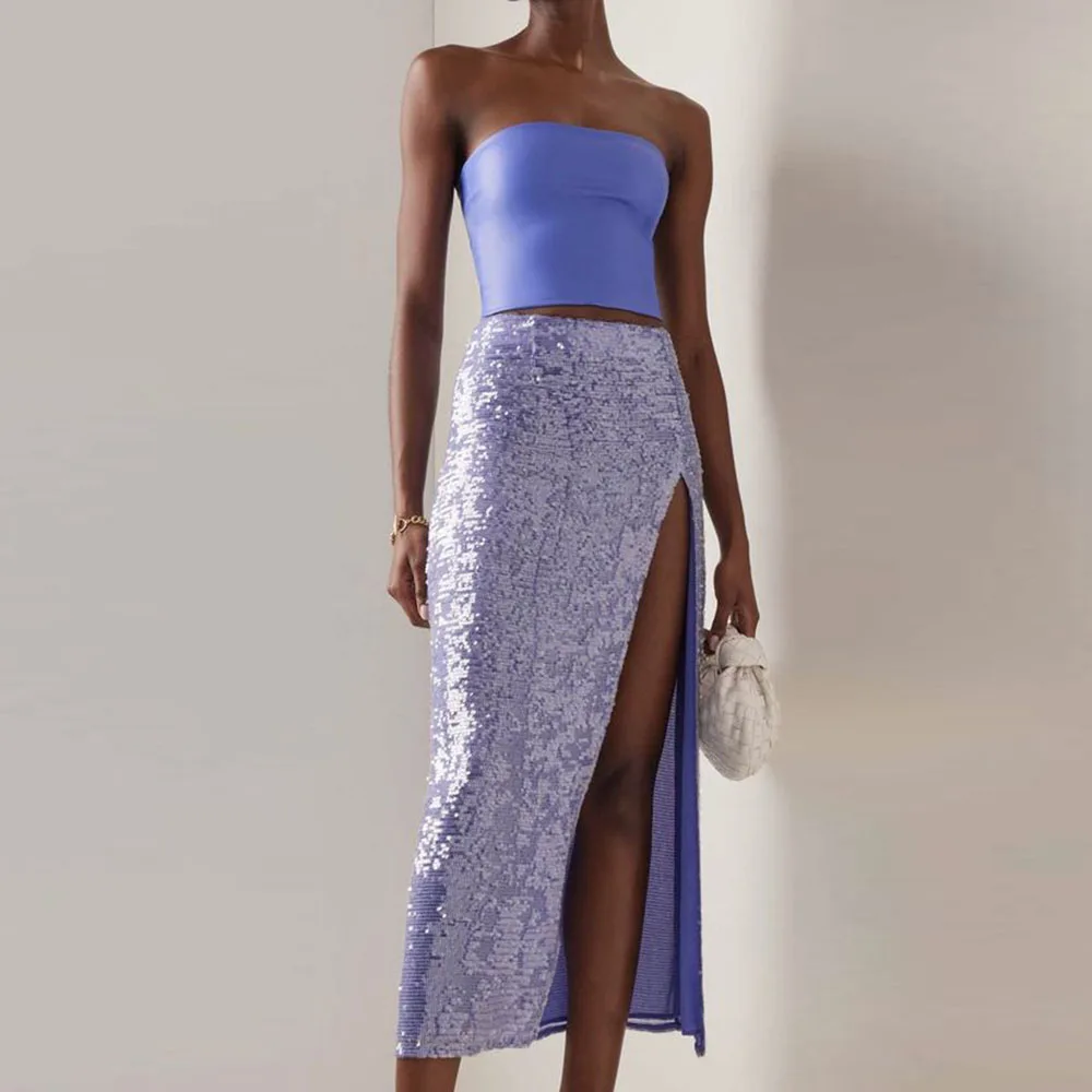 

Lavender Sequined Long Skirts Girls Sexy High Split Skirt Formal Wear Birthday Party Gowns Mid-Calf African Lady Pencil Skirt