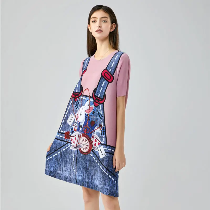 

College wind short-sleeved loose thin age-proof dressing pleated fashion denim animation print dress small child dress tops