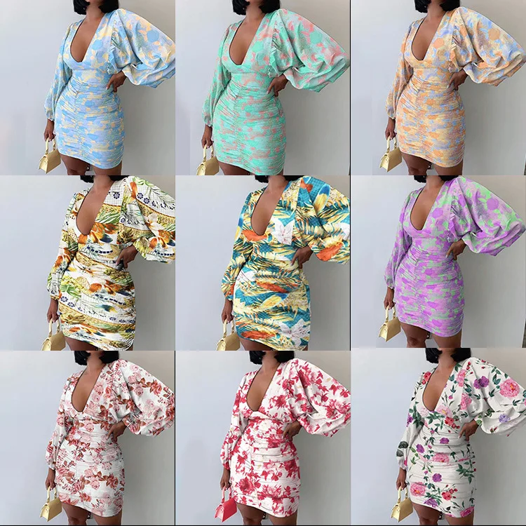 

Women Floral Print Puff Sleeve V Neck Dress Casual Dress Summer Mini Dress