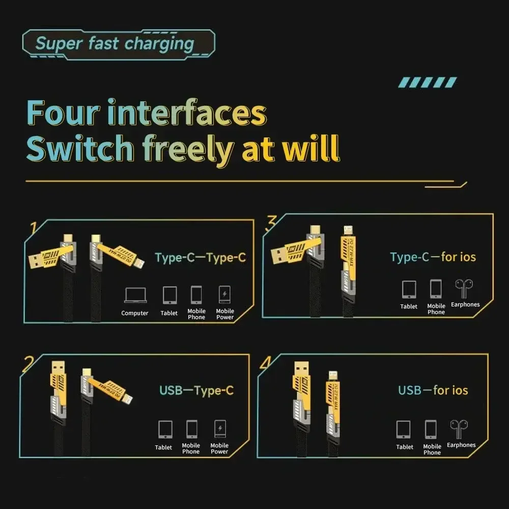 USB C Charger Cable 4 in 1 PD 65W Multi USB Data Cable Keychain USB C PD Fast Charging Cord For iPhone 15 14 Max For MacBook Samsung Type C Device