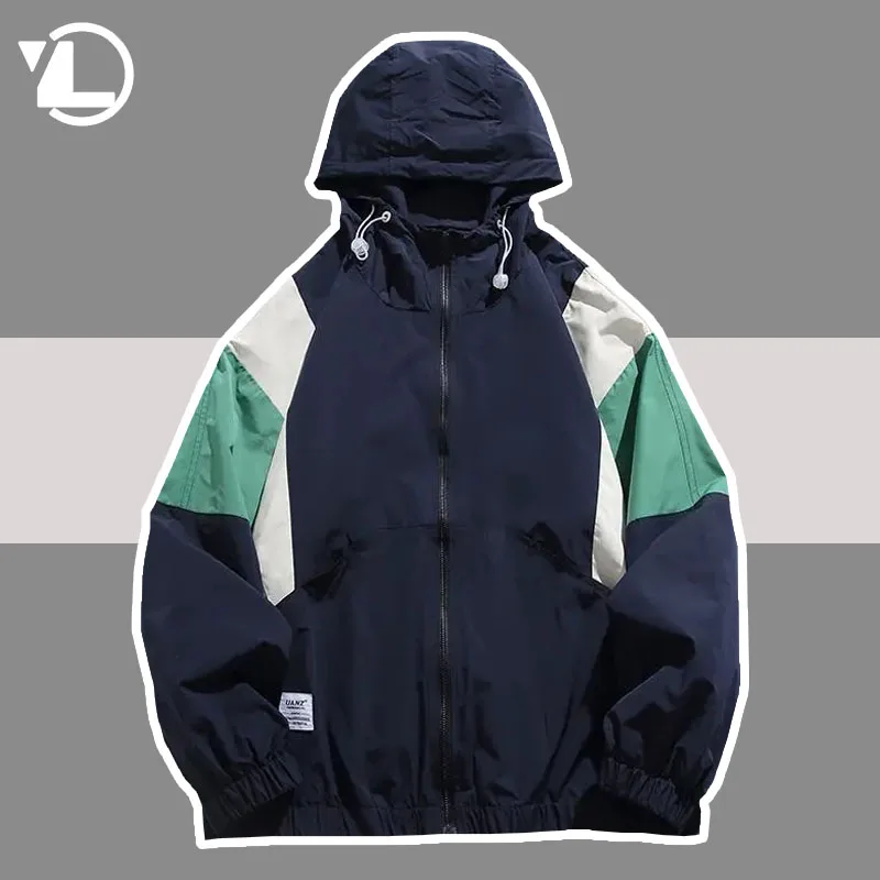 

Varsity hooded Jacket Men Women Spring Autumn Patchwork Color Block Windbreaker Coats Mens Fashion Loose Thin College Jackets