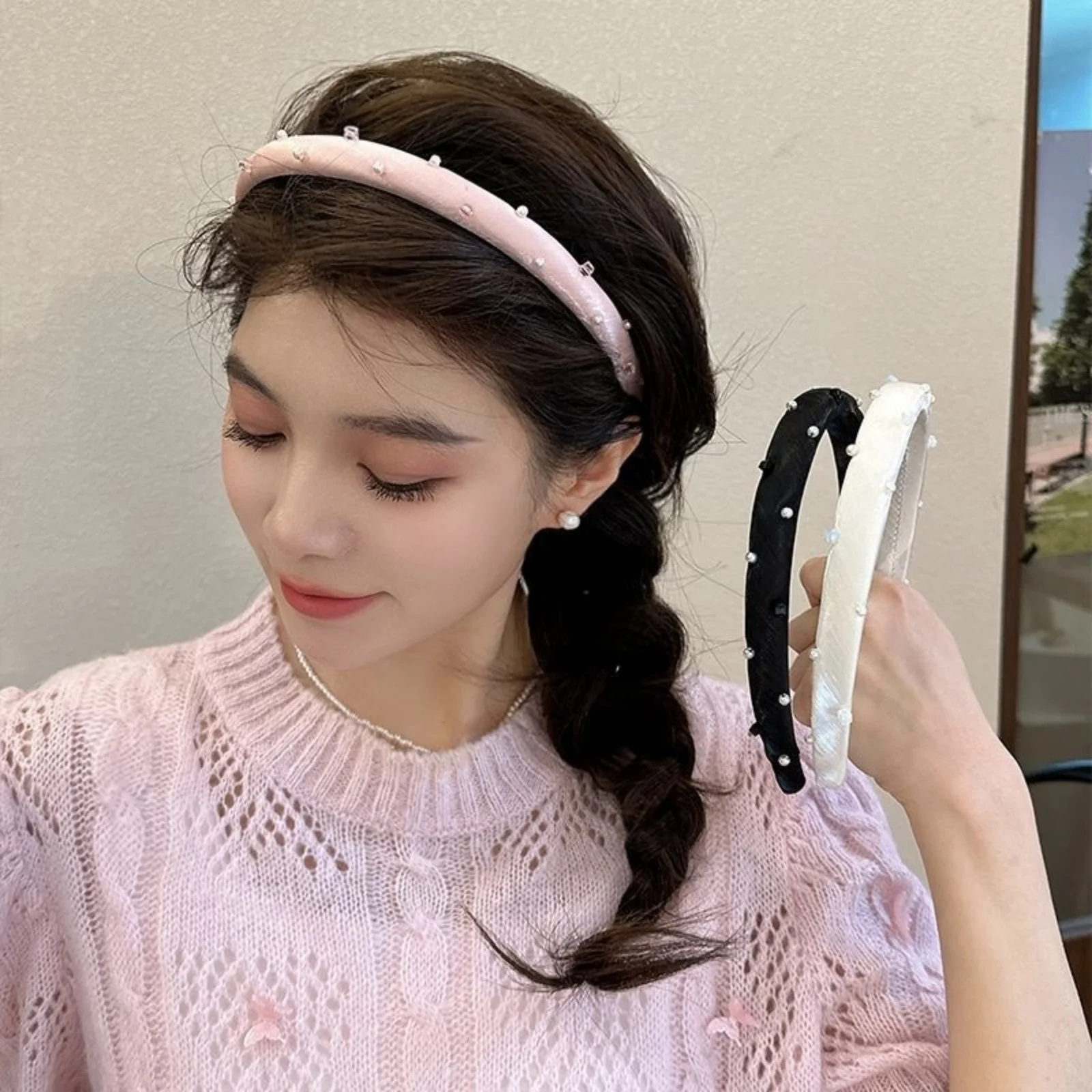 1PC Pearl Decor Headband,Black Pink White Hair Accessories, Stylish Padded Hair Bands, Elegant Daily Hair Decor