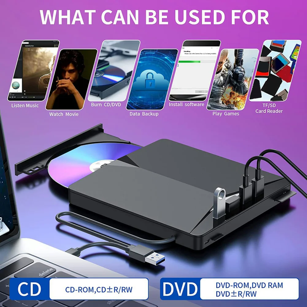 7 In 1 USB3.0 Type-C External Mobile Drive CD DVD Burner High-Speed Plug-and-Play for Windows 11/10/8/7/Linux/Mac OS