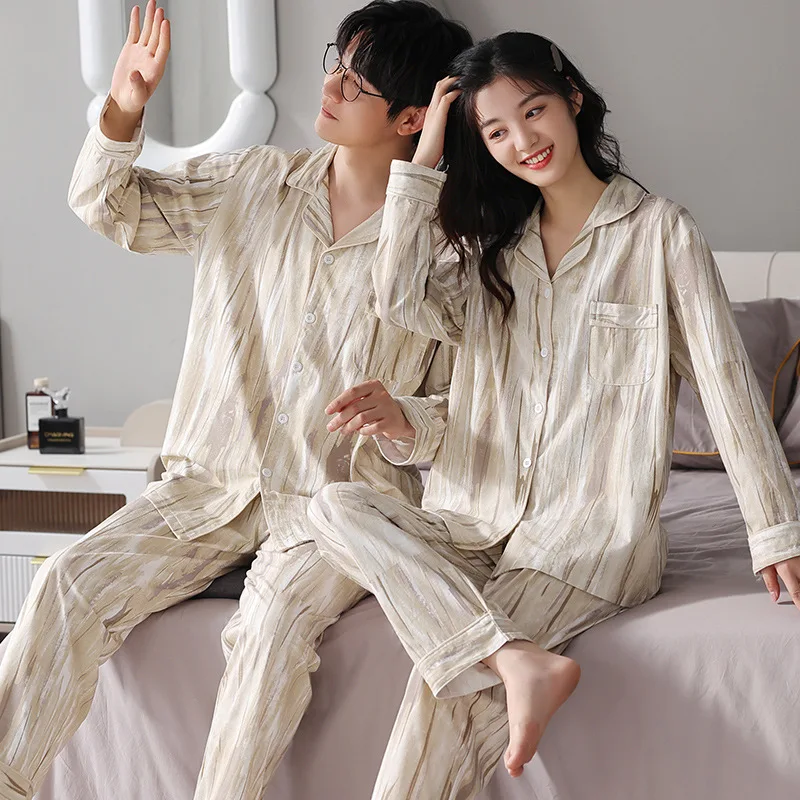 

Cotton Sleepwear Korean Couples Pajamas Spring and Autumn Women's Pajamas Long-sleeved Trousers Men Homewear Casual Pajama Sets