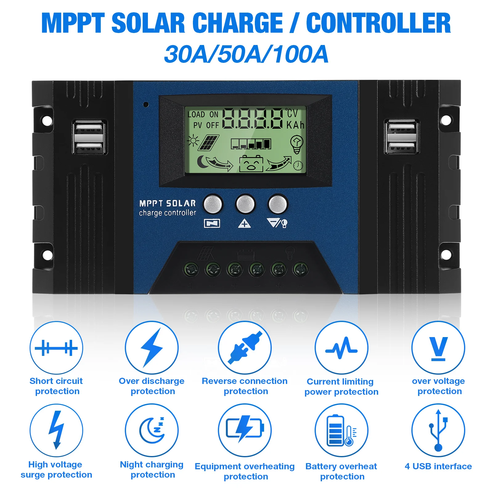 MPPT 자동 태양 전지 패널 컨트롤러, 태양광 충전 컨트롤러, LCD 화면이 있는 태양광 조절기, 소형 태양광 시스템에 적합, 12V, 24V, 100A