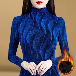 Women's Solid Color Pullover Gauze Stripe T-shirt Autumn and Winter New Flocking High Neck Long Sleeve Lace Office Lady Tops