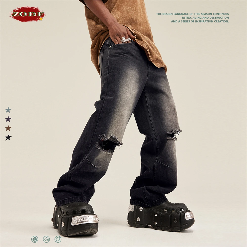 

ZODF American Retro Men Monkey Washed 405gsm Straight Jeans Unisex High Street Holes Distress Denim Pants For Spring HY0494