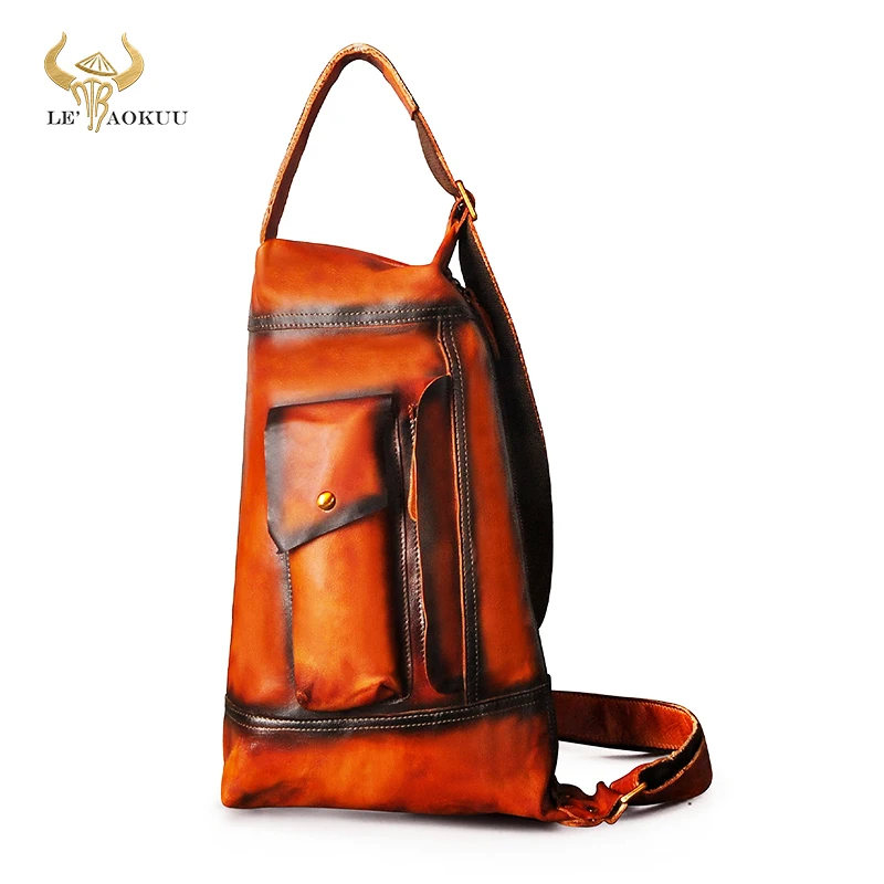 Hot Sale Real Genuine Leather Fashion Tea Cross-body Chest Sling Bag For Men Design Travel One Shoulder Bag Daypack Male 2329