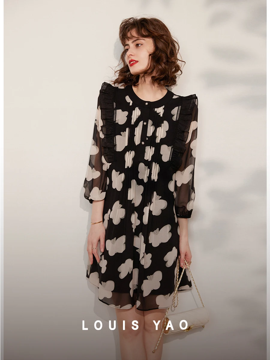 

LOUIS YAO Women Dress 2024 Spring and Summer New Round Neck Long Sleeve Mid Length Print Butterfly Flounce Dress