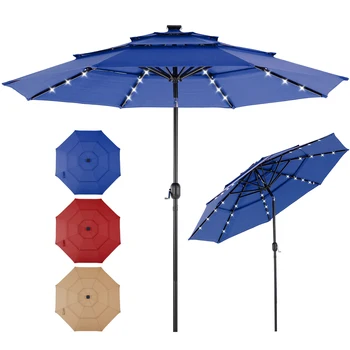 JHK 10FT 3-Tier Patio Outdoor Umbrella with Solar 32 LED Lights Tilting Table Umbrella with 8 Sturdy Ribs for Garden Backyard 1