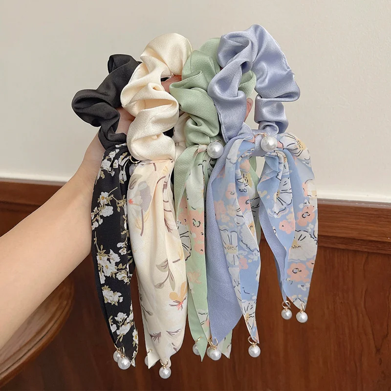 

Korean Print Bow Hair Ropes Elegant Pearl Ribbon Scrunchies Headbands For Women Ponytail Elastic Hairband Girls Hair Accessories