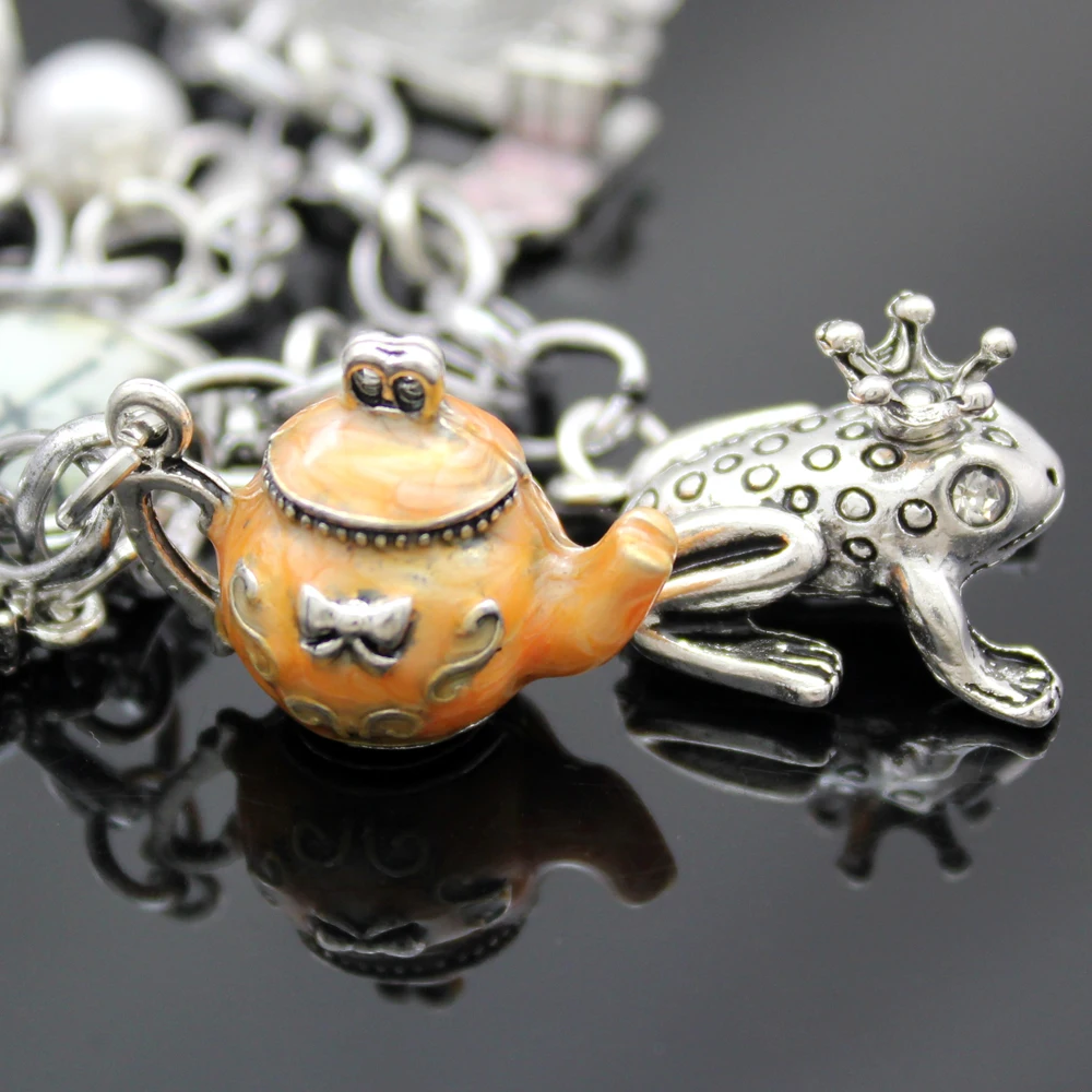 Vintage Wonderland Mirror Charms Beads Link Chain Crystal Bangle Bracelets for Women bracelet jewelry