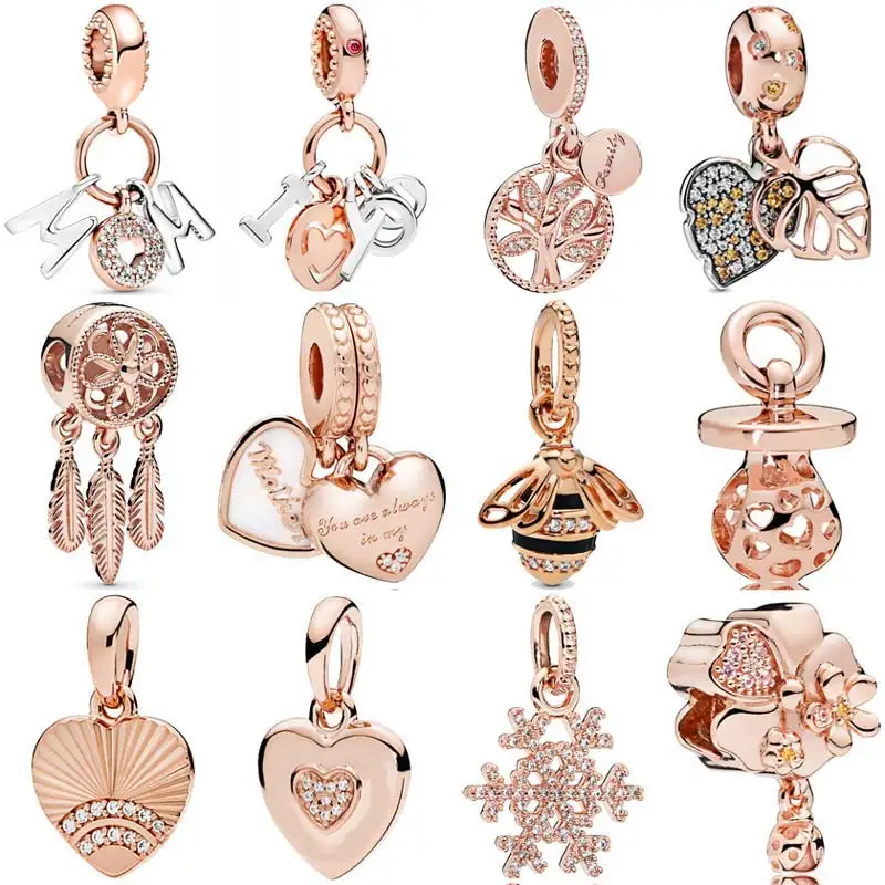 

Real Rose Mum Letters Mother And Daughter Hearts Dream Catcher Charm 925 Sterling Silver Beads Fit Fashion Bracelet DIY Jewelry