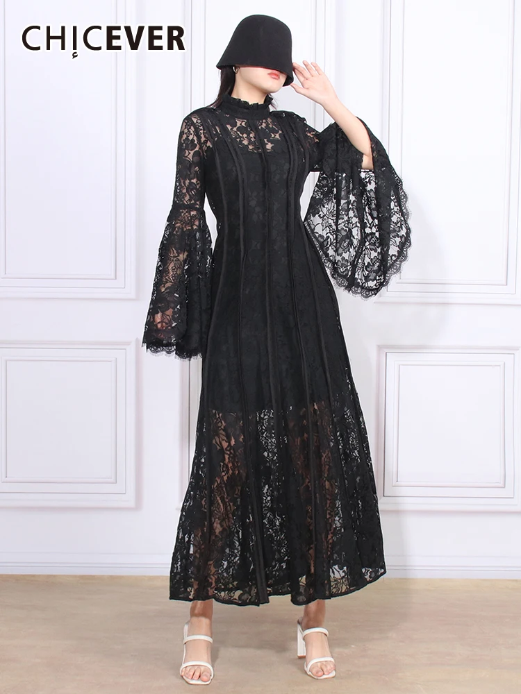 

CHICEVER Solid Spliced Lace Dresses For Women Stand Collar Flare Sleeve High Waist Autumn Elegant Temperament Midi Dress Female