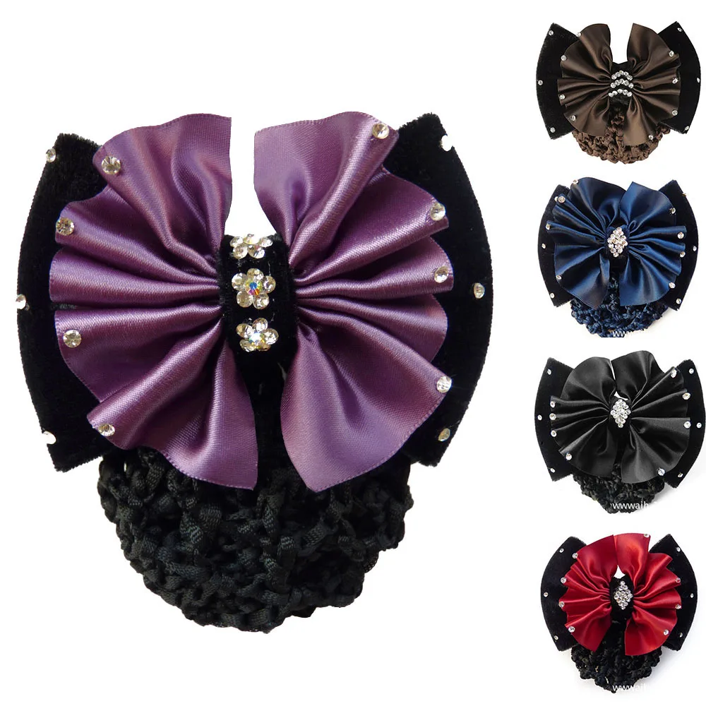 

Satin Bow Rhinestone Hair Net Barrette Bowknot Hair Clip Office Lady Flight Attendant Nurses Hairgrips Women Hair Accesories