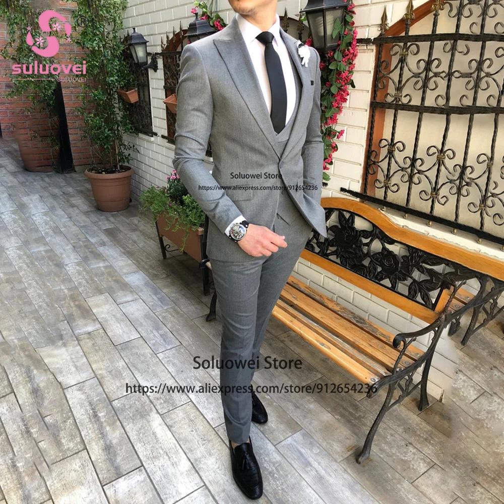 Fashion Groom Wedding Suits For Men Slim Fit 3 Piece Jacket Vest Pants Set Male Business Blazer Formal Party Peaked Lapel Tuxedo