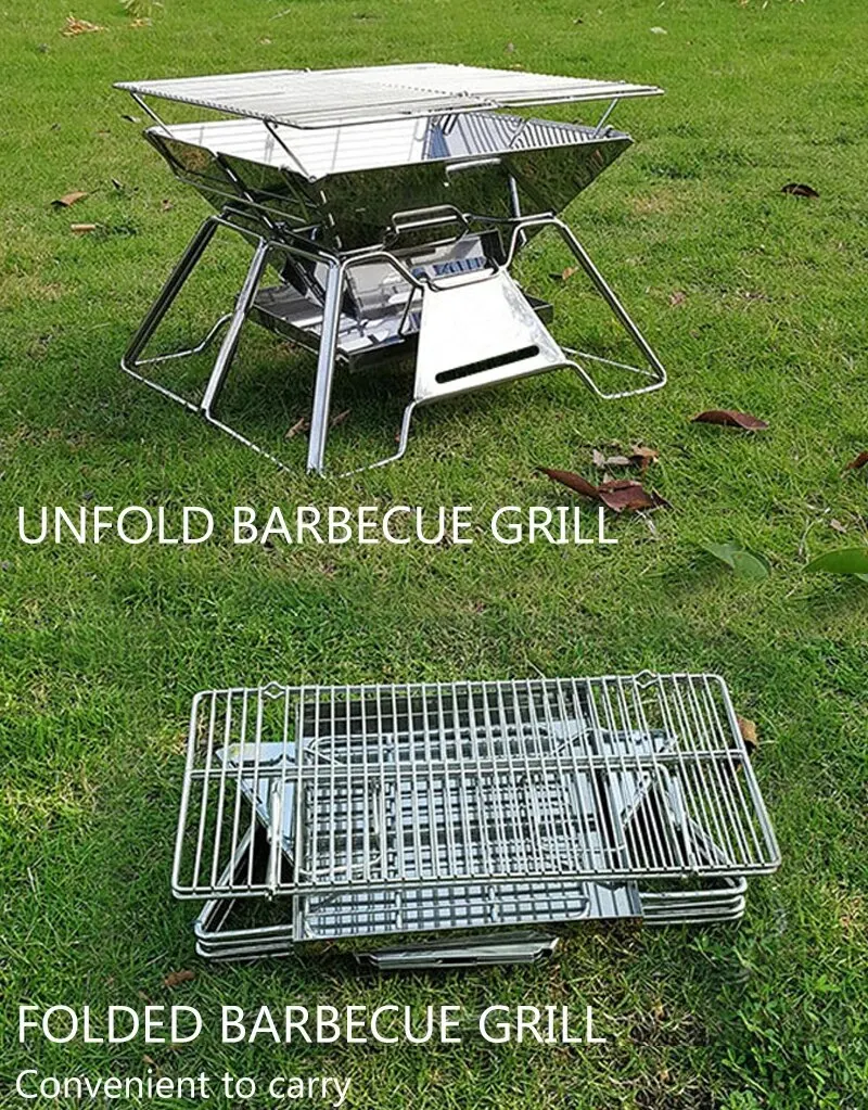 Description Picture 5 of itemFolding Grill Fire Pit Outdoor Table Camping Stove Stainless Steel Foldable Barbecue With A Charcoal Rack Grill