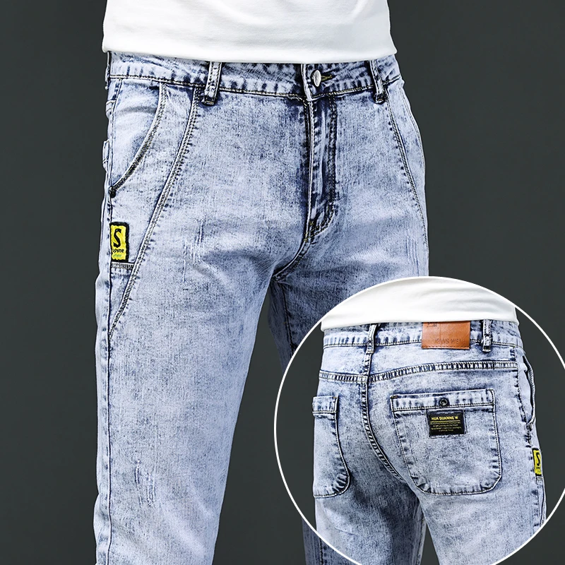 بنطلون جينز ضيق مغسول بندفة ثلج للرجال ، بنطلون جينز مطاطي للرجال ، موضة عتيقة ، كاجوال ، كلاسيكي ، جديد ، من من من القطن