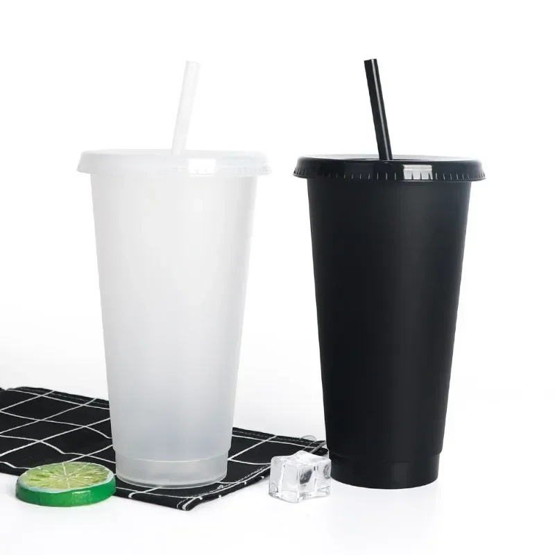 5pcs 24oz Transparent Reusable Tumblers with Black Lids and Straws Iced Coffee Water Bottle Cold Smoothie Cups for Parties Drink