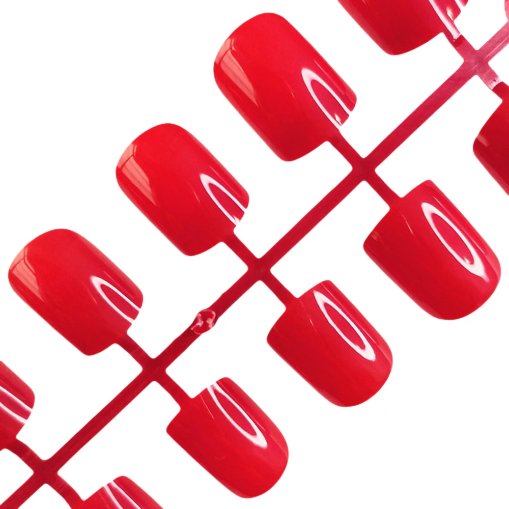 48개 반짝이는 빨간색 젤리 글루 짧은 사각형 인조 손톱, 풀 커버 손톱 팁 매니큐어 도구