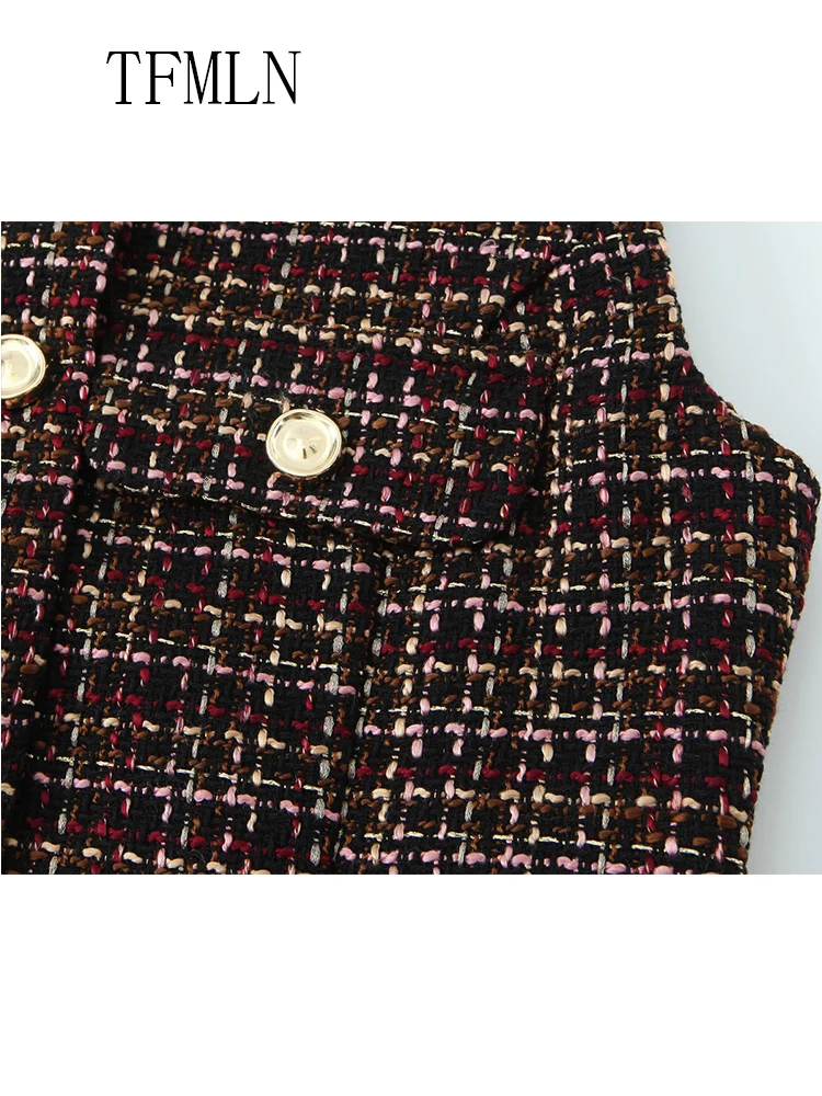 Fashion Women Sleeveless Tweed Texture Vest Casual Slim Waistcoat Women Button Pockets With Belt Chic Top Single Breasted Coats