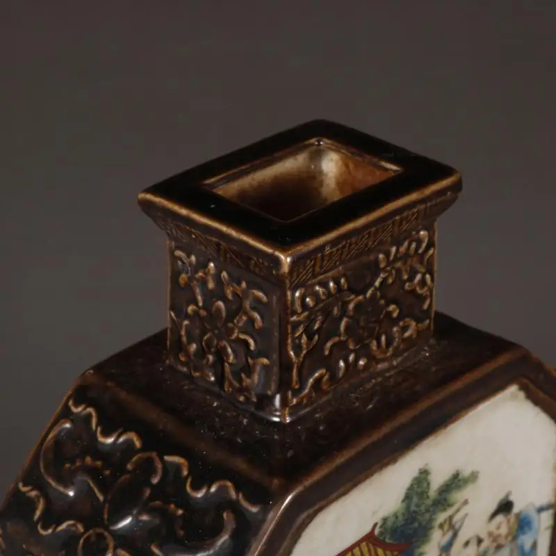 Qing Dynasty Qianlong Yellow Glaze Pastel Figure Square Flat Vase Antique Old Porcelain Home Decoration Collection OrnamentZC803 4